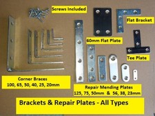 CORNER BRACES & Brackets, Straight Repair Mending & Tee T Plates c/w SCREWS