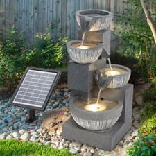 Trickling Garden Fountain Cascade 4 Bowls Solar Water Feature Grey Falls LED Lit