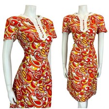 VTG 60S MOD SCOOTER GOGO WHITE RED YELLOW PSYCHEDELIC WIGGLE DRESS M 12 14
