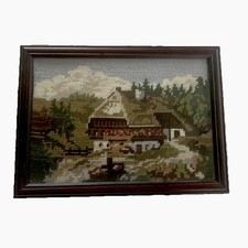 Handmade Tapestry Framed Picture of A Cottage In Rural Setting Vintage Style