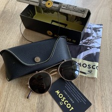Moscot Round Metal Flip-Up Sunglasses – Gold  – Green Lense. Box, Case & Reciept