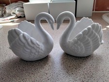 Pair Vtg Fine Bone China Swans Candle Holder Planter, Trinket Pots .
