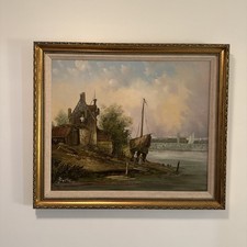 Oil painting On Canvas Boat Yard coastal Scene Signed Baillie