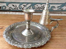 VINTAGE PLATED METAL CHAMBER STICK/ CANDLE HOLDER (with snuffer)