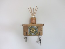 Rainbow flower 2 hook key holder wall shelf reclaimed wood & Mexican tiles
