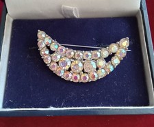 Vintage Silver Tone Aurora Borealis Glass Stones Crescent Moon Brooch