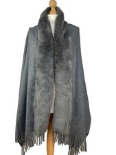 New Women Winter Heavy Weight Plain Scarf with Faux Fur Collar Shawl Wrap Poncho