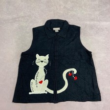 Vintage Wool Jacket Sweater Vest Embroidered Cat Patterned Zip Up Sleeveless