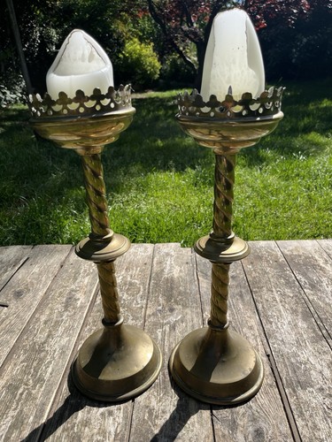 Antique pair brass pricket - brass,