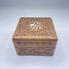 Wooden Trinket Box Carved Design Vintage 4" x 4" x 2.5" Brass Hinges Felt Liner