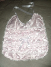 ADULT BABY SISSY BIB PINK  SATIN RUFFLES TIES PLASTIC BACKED LACE & BOW TRIM