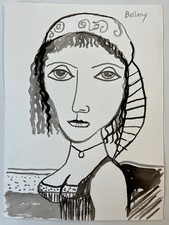 JOHN BELLANY, Scottish, Ink Drawing, Female Portrait, Signed, Circa 1990's.