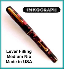 Vintage INKOGRAPH Red Marble Fountain Pen - Lever System - SERVICED New Sac
