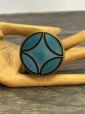 Antique Guilloche Enamel Pill, Trinket Box, Blue & Bronze Metal, Mirror In Lid