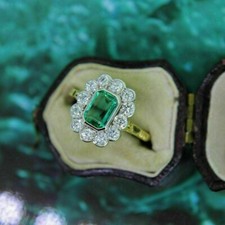 Vintage Art Deco 3Ct Emerald Diamond Bridal Engagement Ring 14K Yellow Gold Over