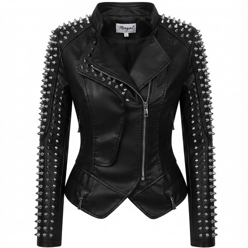 Women spiked leather jacket - leather,