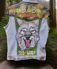 💲🐺SALE🐺💲"555-WOLF"  Vintage OOAK Hand Painted Denim Vest by PARISH+DAVIS