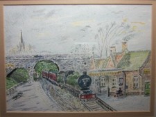 Steam Train Watercolor,  Vintage, Unsigned in Wooden Frame. Excel Condit 13x11"