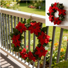 Artificial Red Poppy Wreath with Poinsettia Flowers- 20cm Christmas Festive Door