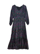 Roller Rabbit Maxi Dress Womens Small Black Floral Print Tiered Long Sleeve Boho