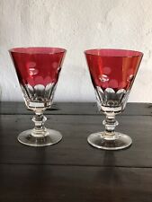 Antique Cranberry Clear Heavy Faceted Wine Glasses Coin Dot Cut To Clear