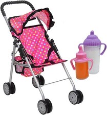 Doll Stroller with Basket, Foldable Doll buggy, Toys for Girls, 2 FREE BOTTLES