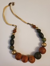 Chunky Wooden Beads On Cord Necklace Brown Green Gold