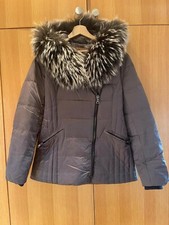 Jessimara womens grey puffer hooded belted puffer coat with raccoon fur trim 42