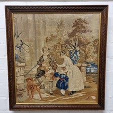 Antique 19thC Woolwork Tapestry Picture Man With Gun Family & Dog