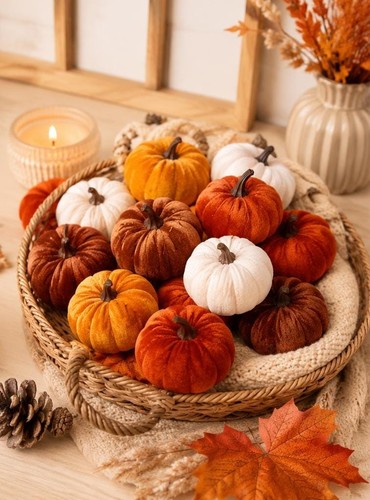 9pcs velvet pumpkins - velvet, autumn