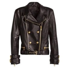 Womens Brando Leather Jacket Ladies Rose Golden Genuine Leather Biker Jacket