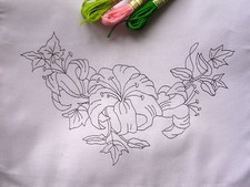 Printed Table Runner to Embroider with stargazer Lily cotton, lace edge CS0020