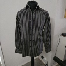 TM LEWIN John Francomb Shirt Slim Fit Black/Lime Pin Striped Size 34.5" 