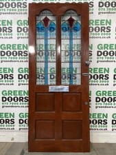 1930s LEADED GLASS ARCHED FRONT DOORS ANTIQUE VINTAGE SINGLE GLAZED USED WOODEN