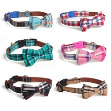 Dog Collar Tartan Plaid Bow Tie Check Adjustable Pet Puppy Cat Buckle Closing UK