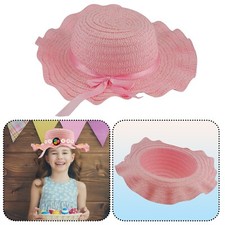 52cm Easter Bonnet Pink Straw Woven Hat with Ribbon Kids Fancy Dress Summer Hat