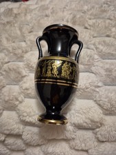 Handmade Greek Black Vase 24K Gold Trim Ancient Mythology Design 2 Handles 14 Cm