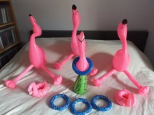 HAWAIIAN DECORATIONS - INFLATABLE FLAMINGO X 3 / RING TOSS GAME / CAN HOLDER X 2