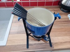 Le Creuset Solid Blue  Fondue. Stand. Forks. Solid gel   Burner. VGC