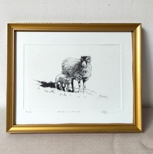 Ewe and Lamb Drypoint Etching Painting by PL Hobbs. Limited Edit no. 3 of 10.