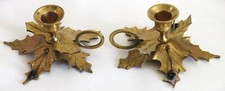 2 x Vintage Brass Holly Leaf Shaped Chamber Candle Stick Holders Finger Hold