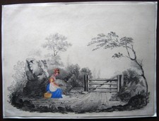 19th CENTURY PENCIL AND WATERCOLOUR SKETCH MAID BY  A GATE