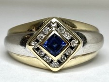 9ct Yellow & White Gold Square Sapphire Diamond Mens Ring 2023 Signet Pinky X1/2