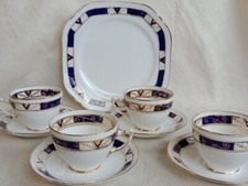 1920s Court China Lowe Part Tea Set Gold & Blue Cake Plate & Cups / Saucers x 4