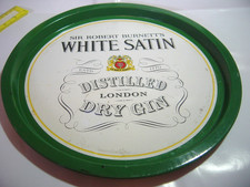 VINTAGE RARE-WHITE SATIN DRY GIN Advertising enamel Pub Tray- OK-good-used cond