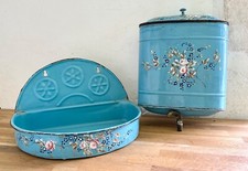 Antique French enamel lavabo wall basin fountain floral decoration blue VGC