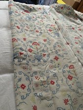Vintage Cotton Curtains, Lined, Blue, Red And Green Design On White Background.