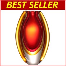 Hand Blown Sommerso Red Oval Art Glass Vase - Elegant Decor Centerpiece 8.5''