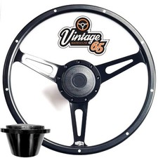 15" Wood Rim Steering Wheel Kit Riveted Semi Dished Black With Boss Fitting Kit