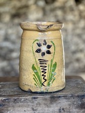 Antique French Large Rustic Floral Painted Earthenware Jug Pitcher Vase